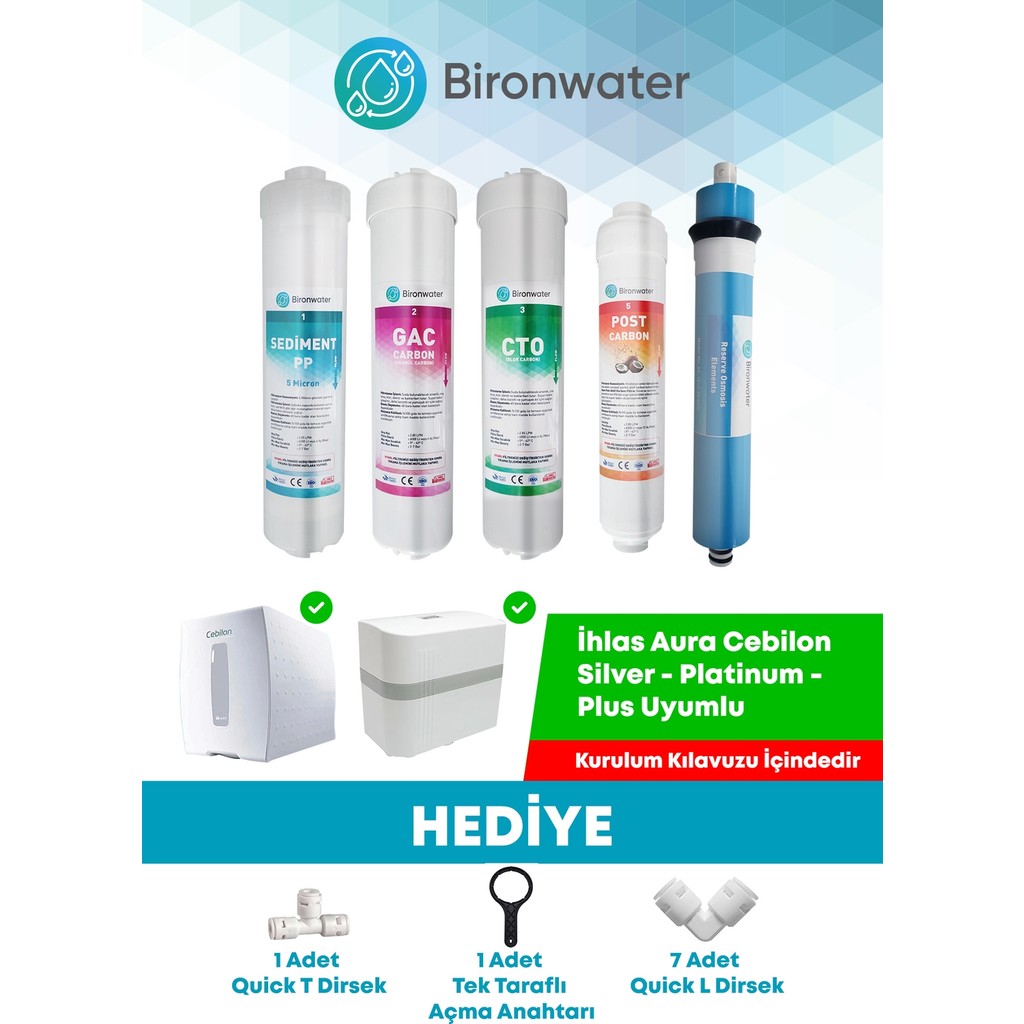 Bironwater Ihlas Aura Cebilon Plus-Silver-Platinum ve Kapalı Kasa Uyumlu 5'li Aşamalı Filtre Set Diğer Fiyatı