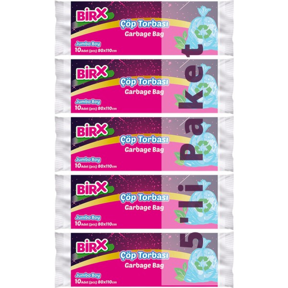 Birx Çöp Poşeti Jumbo Boy 5'li 80 x 110 cm Çöp Torbası (10'lu) 50 Adet Çöp Poşetleri Fiyatı