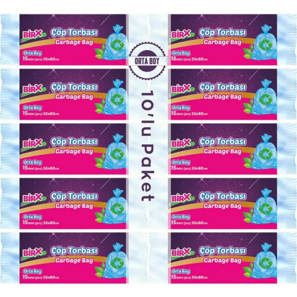 Birx Orta Boy Çöp Torbası 55X60 10'lu Rulo 150 Adet - 55 x 60 cm Çöp Poşetleri Fiyatı