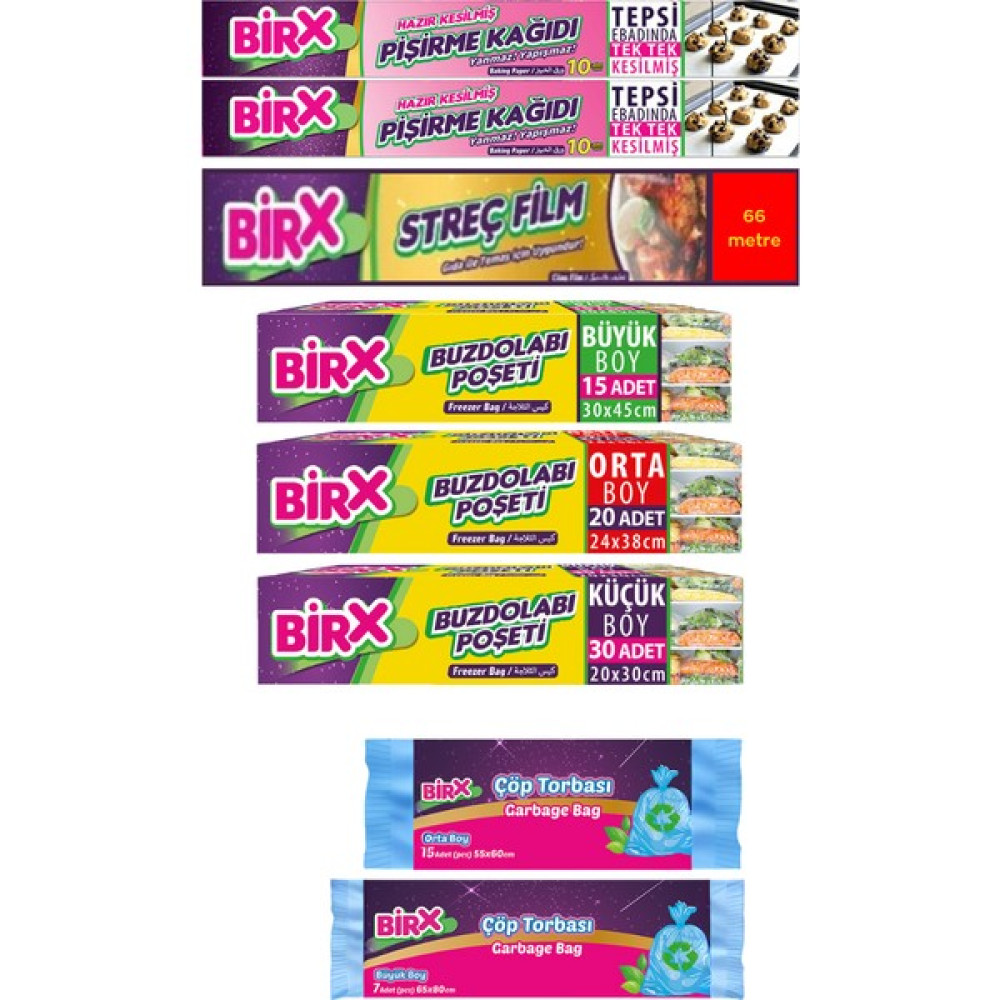 Birx Tanışma Paketi 2 Adet Pişirme Kağıdı, 66 mt Gıda Streci, Buzdolabı Poşeti, Çöp Poşeti Pişirme Kağıdı Fiyatı