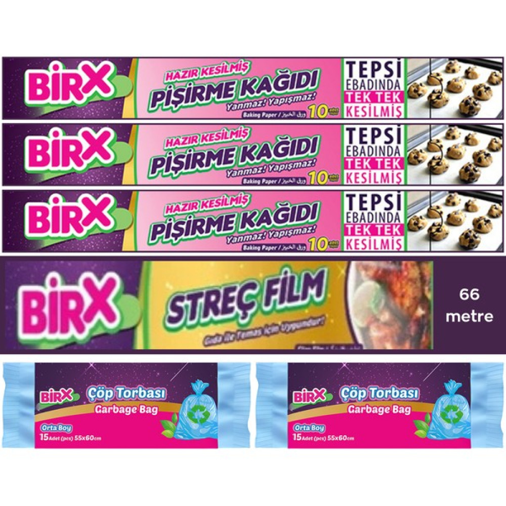Birx Tanışma Paketi 3 Adet Pişirme Kağıdı, 66 mt Gıda Steci, 2 Adet Orta Boy Çöp Poşeti Pişirme Kağıdı Fiyatı