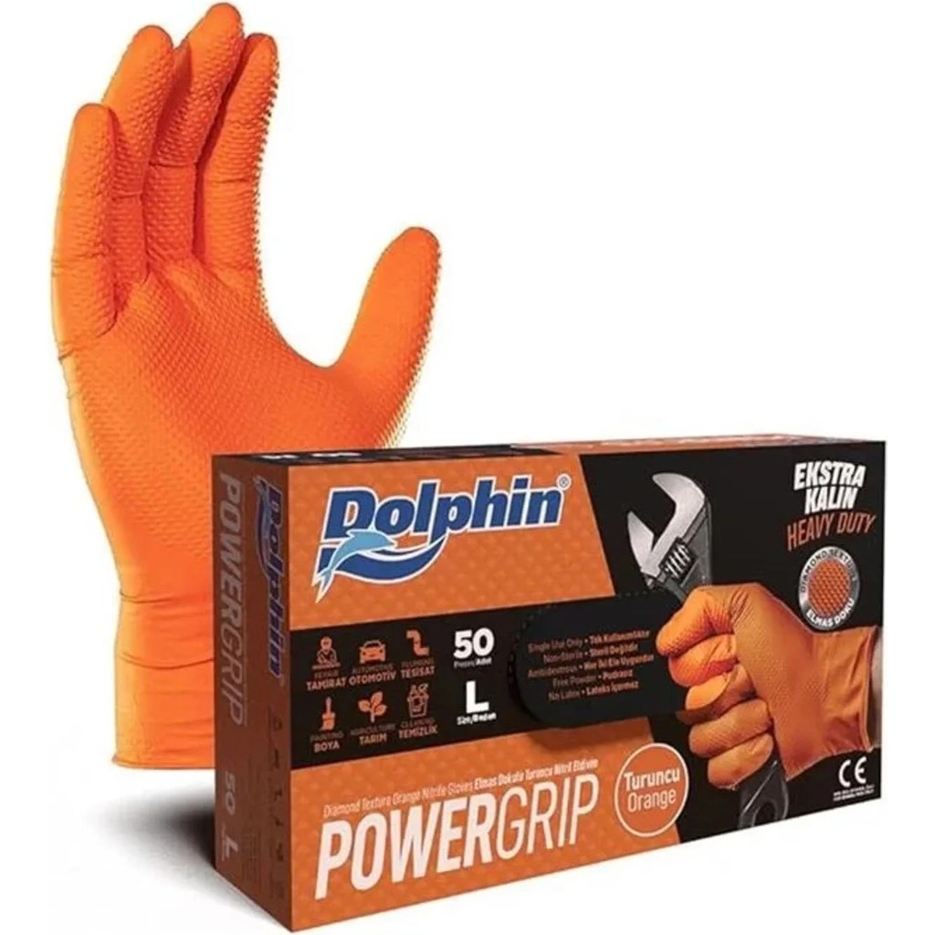 Bisepetim Dolphin Powergrip Ekstra Kalin Turuncu Nitril Eldiven (50 Adet/kutu) Diğer Fiyatı