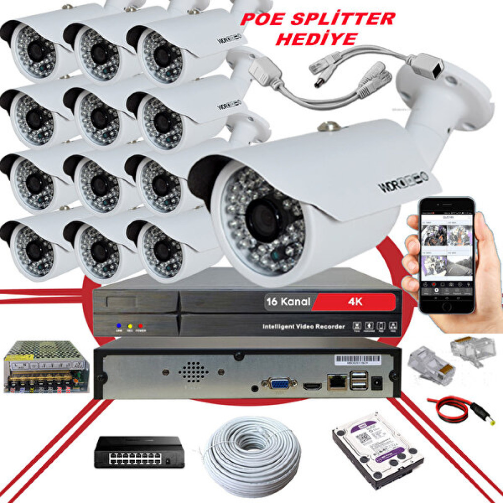 Bises 13'lü 5 MP 1940p Sensör 6 Megapiksel Sony Lens Metal Kasa IP Güvenlik Kamerası Seti BS 748Ip Güvenlik Kameraları Fiyatı