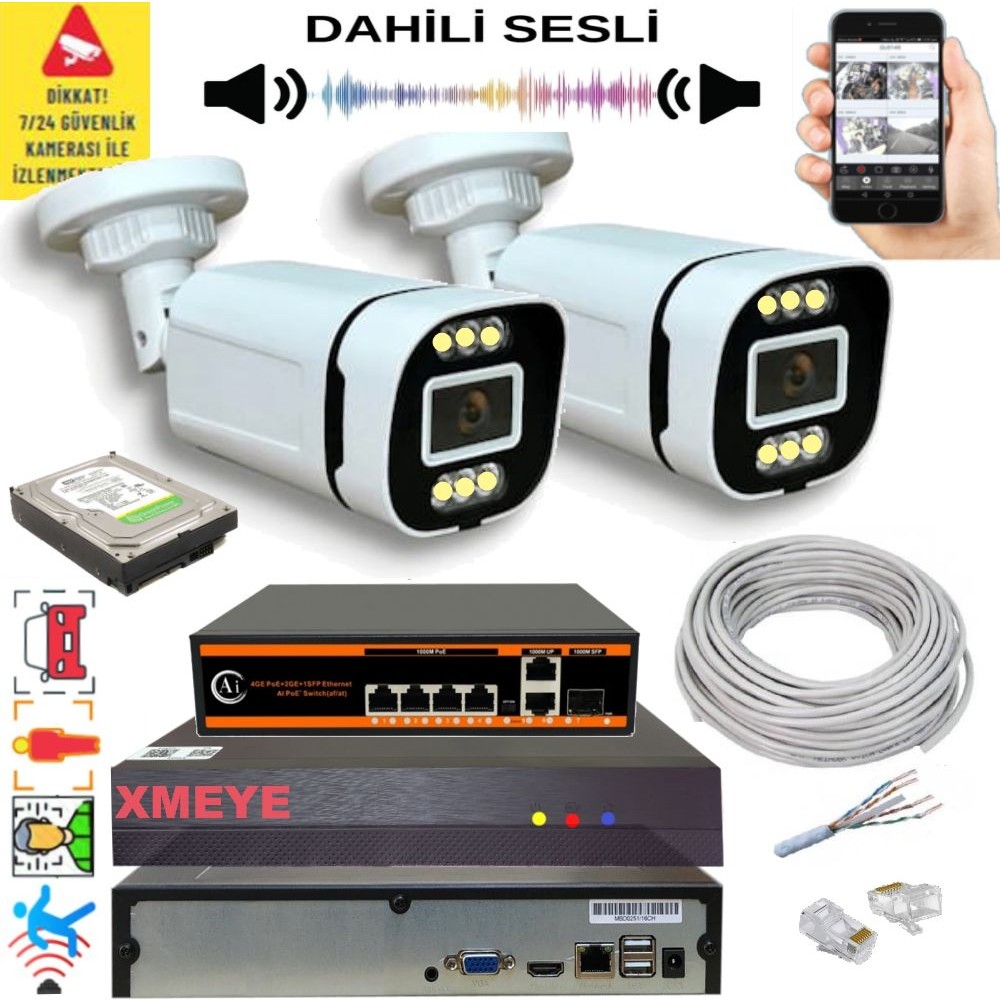 Bises 2 Li Yapay Zeka Destekli 5 Mp Görüntü Poe Bağlantılı Sesli 6 Warm LED Gece Renkli Ip Kamera Seti 4386WS - Beyaz Güvenlik Kameraları Fiyatı