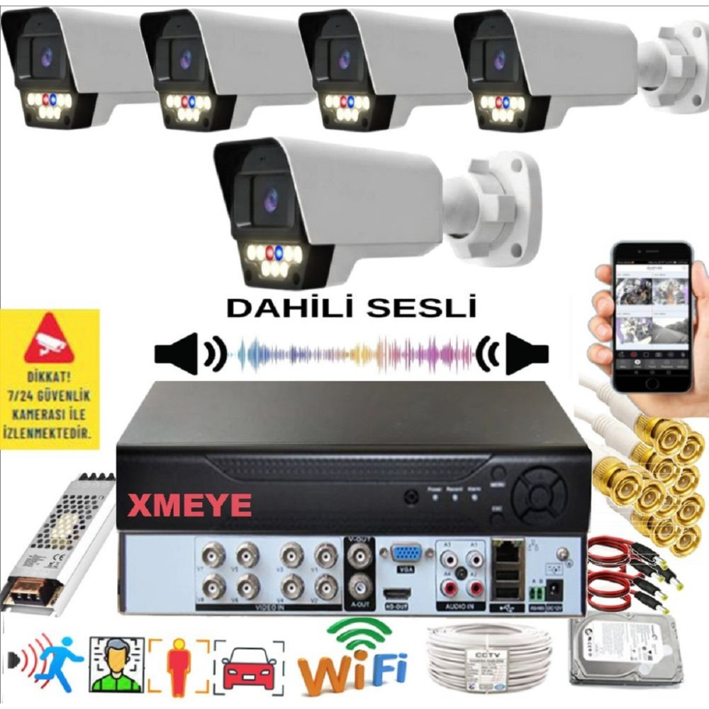 Bises 5 Li Sesli Araç Insan Yüz Tanımalı Hareket Algılayan 5 Mp Lens 9 Warm LED Gece Renkli Kamera Seti 5909WS - Beyaz - Siyah Güvenlik Kameraları Fiyatı