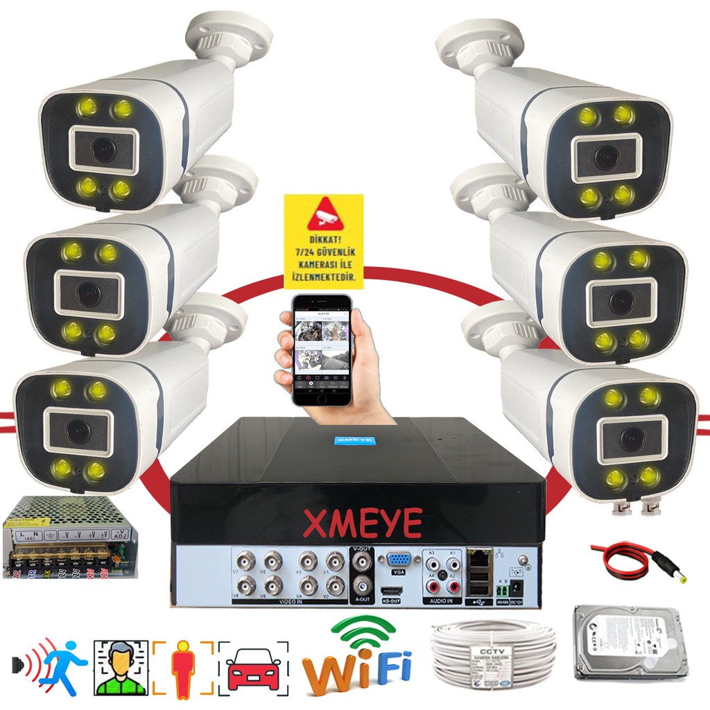 Bises 6'lı Araç Yüz ve Insan Tanımalı Hareket Algılayan 5 Mp Lens 4 Warm LED Gece Renkli Gösteren Güvenlik Kamera Seti BS604W Güvenlik Kameraları Fiyatı