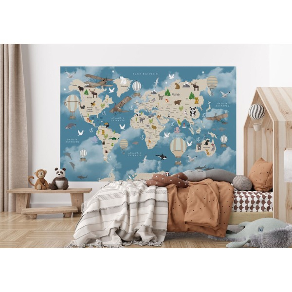 Bitablo Dünya Haritası Çocuk ve Bebek Odası hayvanlar Alemi Duvar KAĞIDI-3827 - Renkli - 100 x 150 cm Duvar Kağıdı Fiyatı