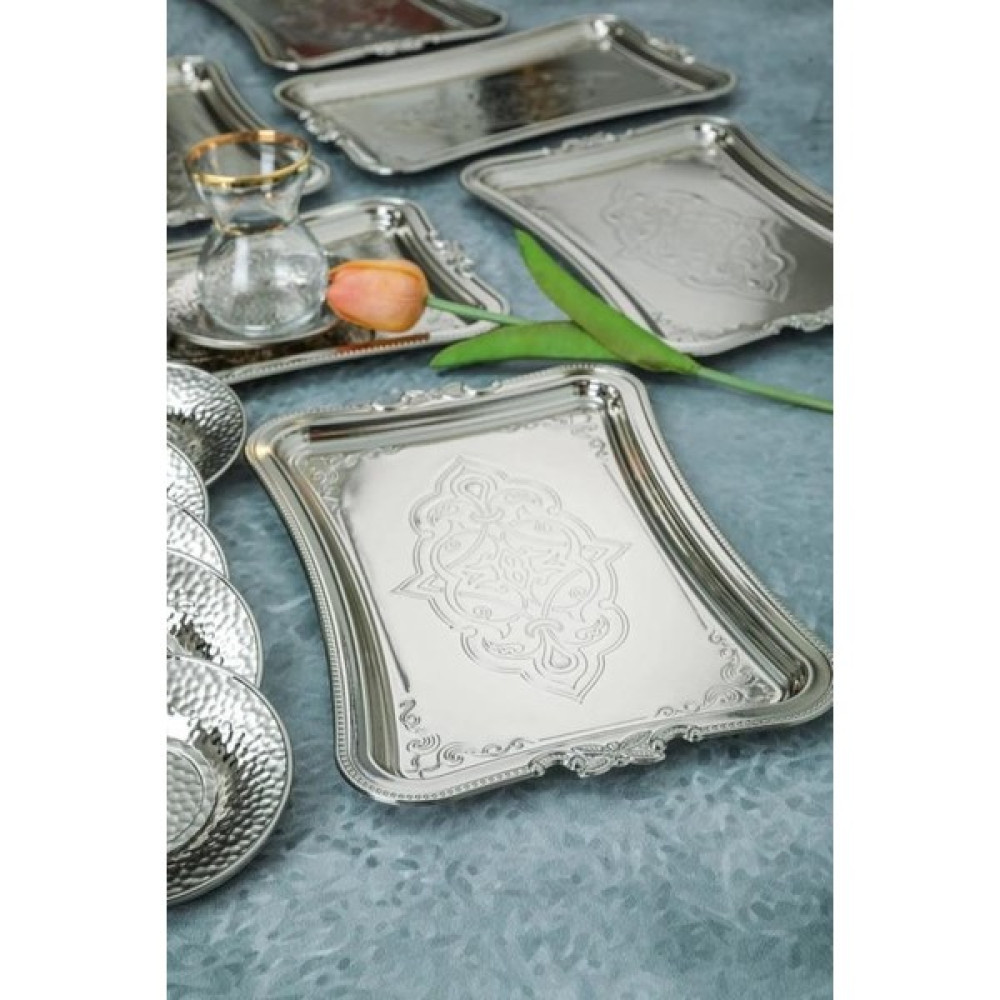 Biterse 6 Adet Gümüş Renk Dekoratif Metal Sunum Tepisisi tek Kişilik Sunum Tepsisi 25 x 17 cm Servis Tepsisi Fiyatı