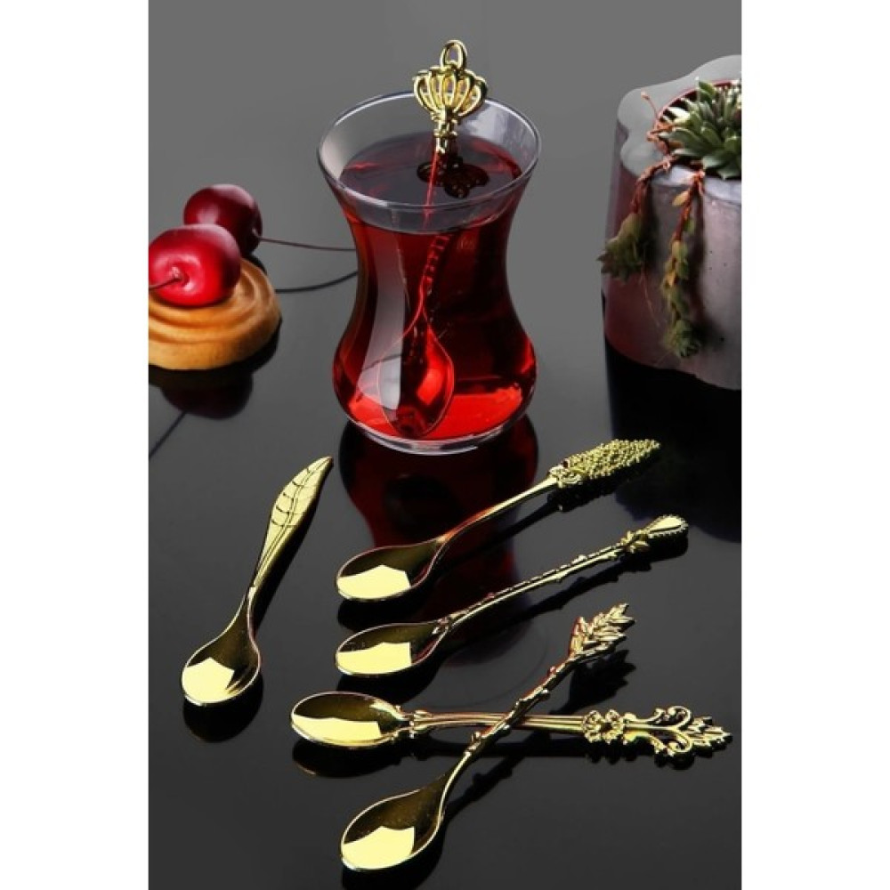 Biterse Çay Kaşığı Gold Renk Zamak Şık Çay Kaşığı Seti Kutulu 6’lı Çatal / Kaşık / Bıçak Takımları Fiyatı