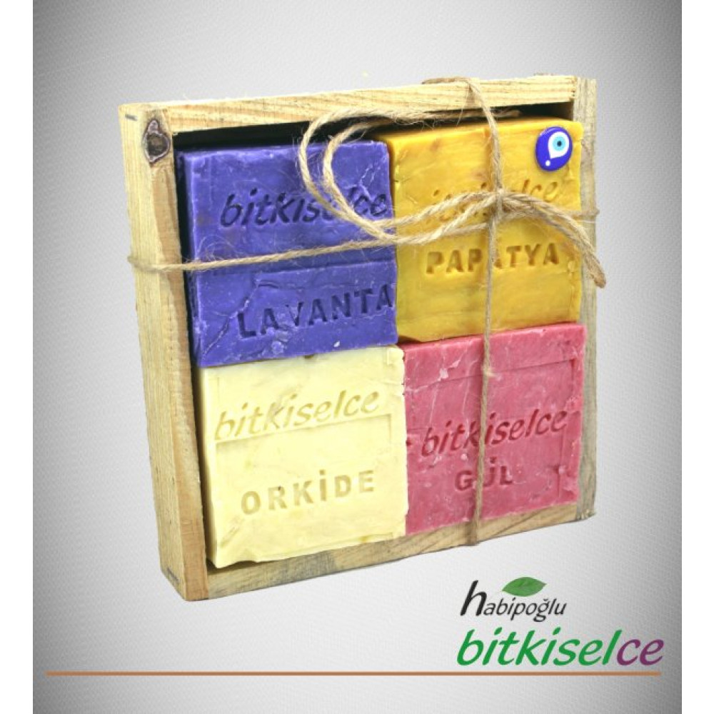 Bitkiselce Çiçek Serisi Bitkisel Sabun (Lavanta-Gül-Orkide-Papatya) Hediye Edilebilir Ahşap Kutulu Duş Jelleri ve Banyo Köpükleri Fiyatı