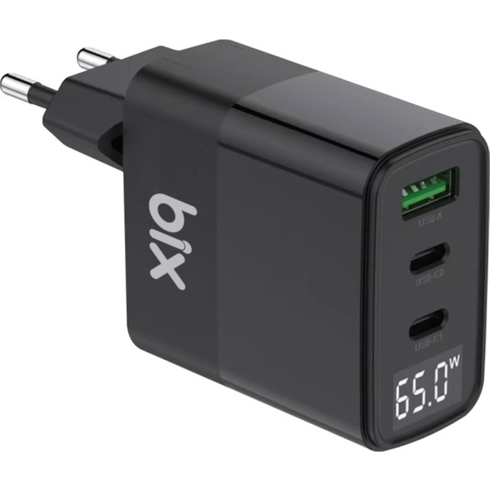 Bix BX65GD 65W USB Type-C QC 4.0 PD 3.0 LED Göstergeli Gan 3 Portlu Hızlı Şarj Cihazı - Siyah Cep Telefonu Şarj Cihazı Fiyatı