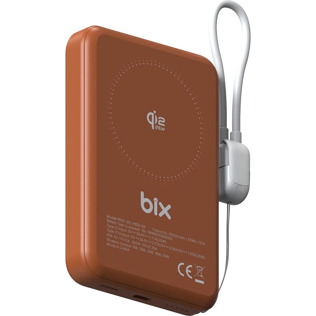 Bix PB121 Qi2.2 Sertifikalı 25W Kablosuz Magsafe PD 3.0 10000mAh Semi-Solid State Powerbank Dahili USB-C Kablolu Taşınabilir Hızlı Şarj Cihazı Turuncu SSD / Solid State Drive Fiyatı