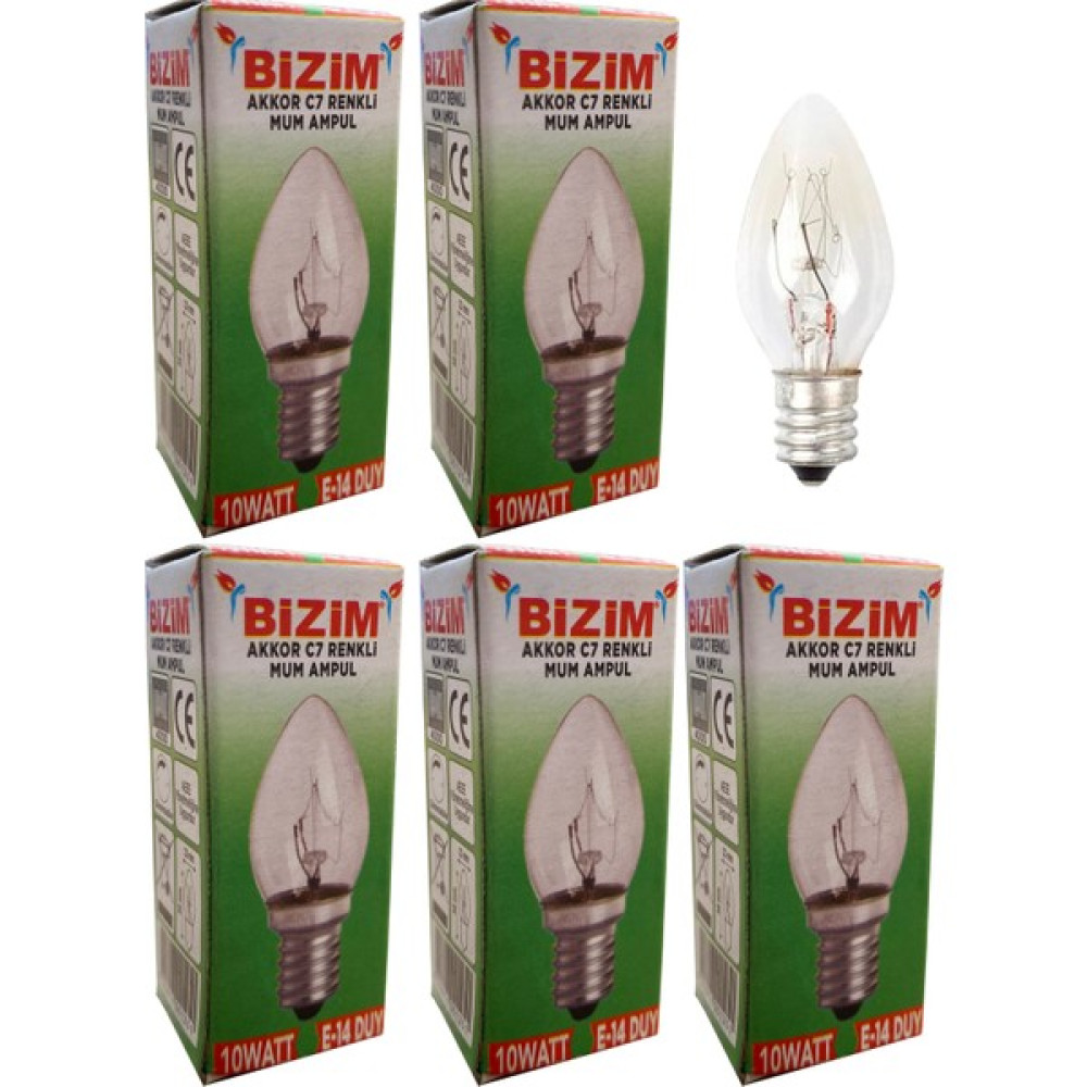 Bizim 5 Adet 10 Waat E14 Duy Renkli Şeffaf C7 Mum Ampül Sarı Elektrik ve Aydınlatma Fiyatı