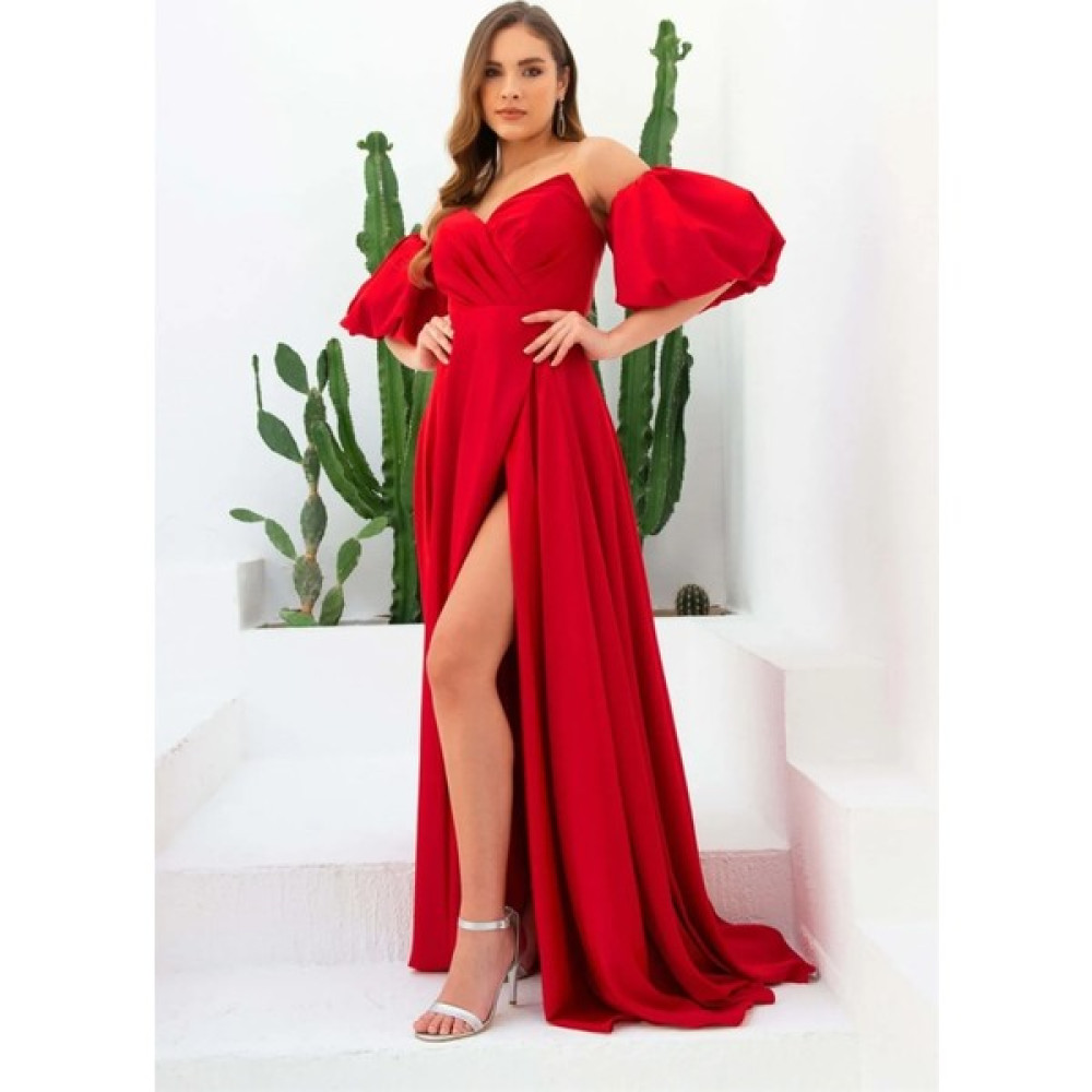 BK Butik Kırmızı Saten Balon Kol Yırtmaçlı Uzun Abiye Elbise Fiyatı