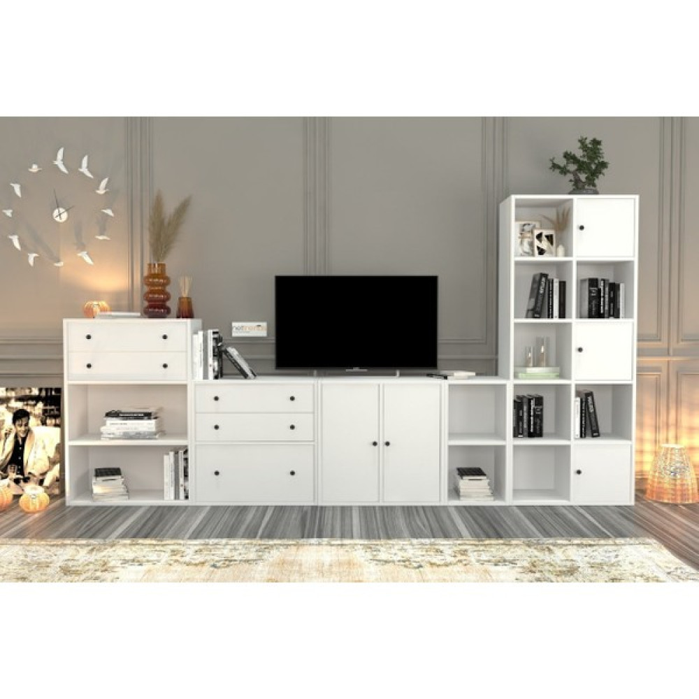 BK Concept Kitaplikli Büyük Tv Ünitesi Beyaz 300 cm TVT-1062-Ç Tv Ünitesi / Sehpası Fiyatı