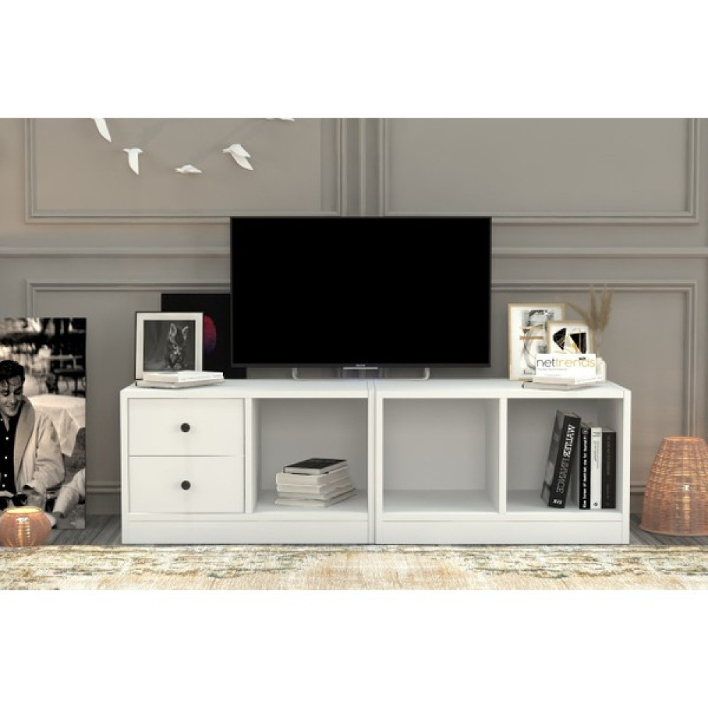 BK Concept Kitaplikli Çekmeceli Tv Ünitesi Beyaz 130 cm TVT-1001-Ç - Renkli Tv Ünitesi / Sehpası Fiyatı