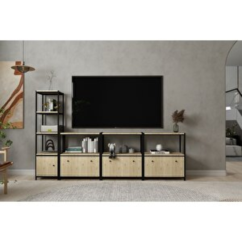 BK Concept Raflı Kitaplıklı Dolaplı Düşer Kapaklı Metal Tv Ünitesi Meşe 245 Cm Mtl-tvt-1018-m Tv Ünitesi / Sehpası Fiyatı