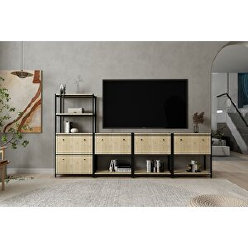 BK Concept Raflı Kitaplıklı Düşer Kapaklı Metal Tv Ünitesi Meşe 277 Cm Mtl-tvt-1030-m Tv Ünitesi / Sehpası Fiyatı