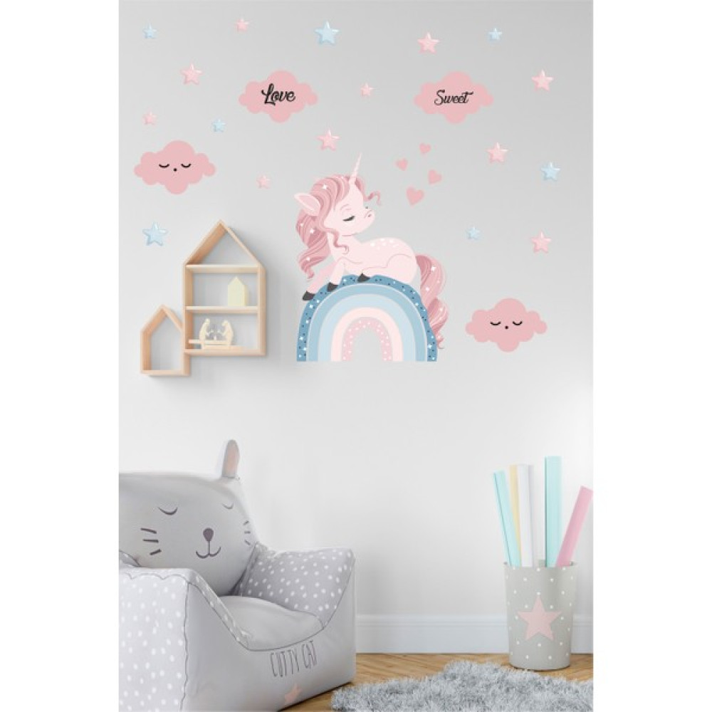 BK Decor Gökkuşağı Üzerindeki Pembe Unicorn ve Gökyüzü Çocuk Odası Duvar Sticker - 52 x 75 cm - Renkli Duvar Stickerı Fiyatı
