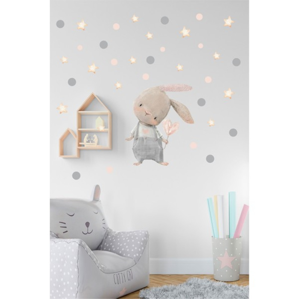 BK Decor Sevimli Tavşan, Yıldız ve Puantiyeler Çocuk Odası Duvar Sticker - 52 x 75 cm - Renkli Duvar Stickerı Fiyatı