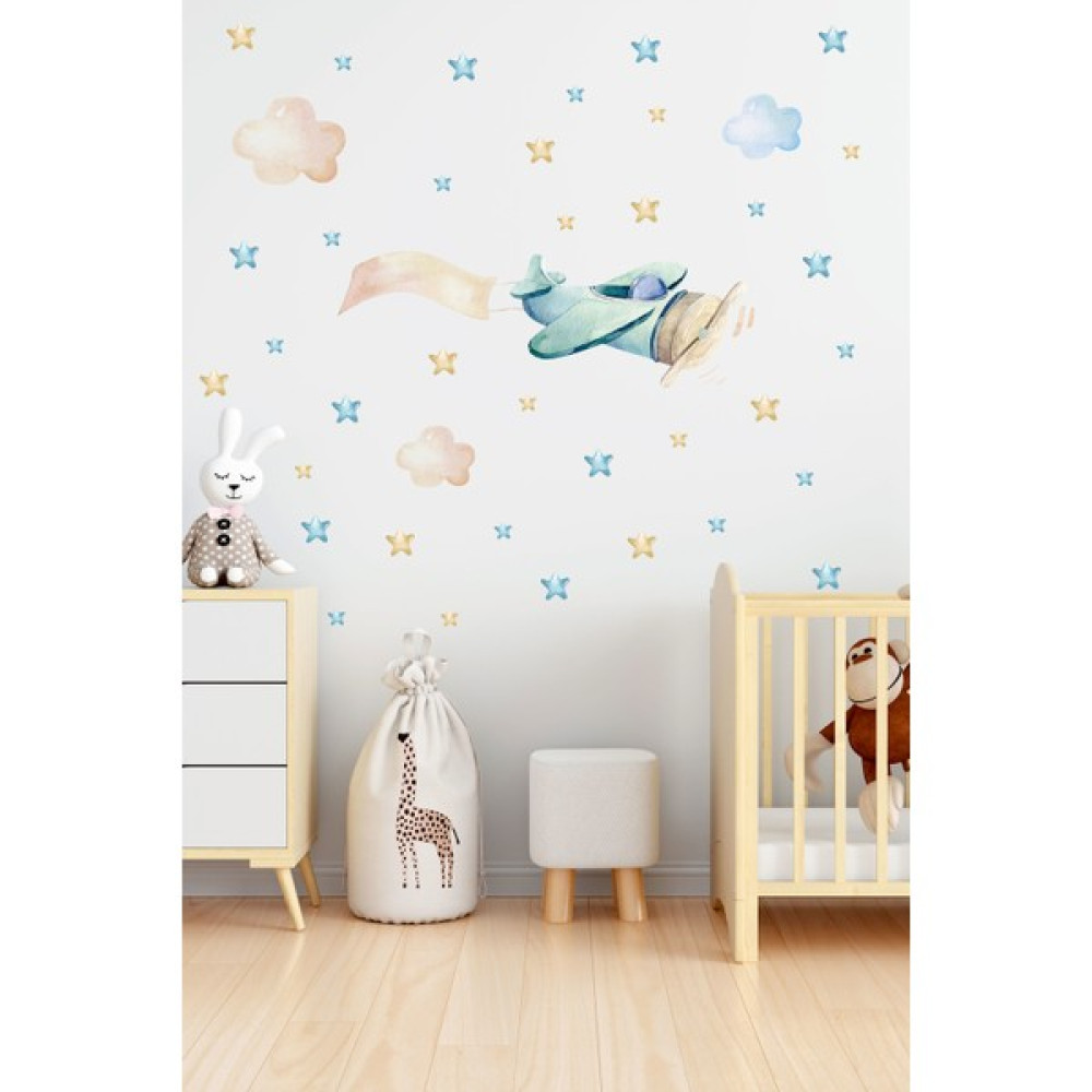BK Decor Suluboya Yeşil Uçak ve Renkli Yıldızlar Çocuk Odası Duvar Sticker - 52 x 75 cm Duvar Stickerı Fiyatı