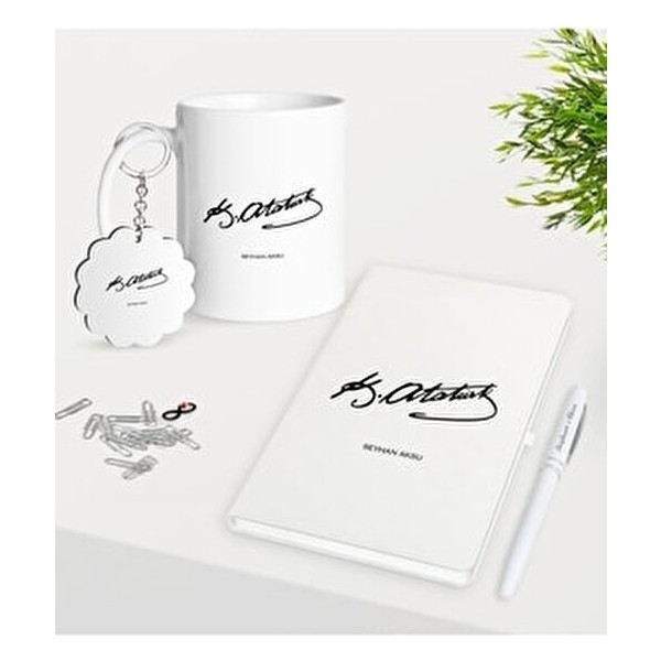 BK Gift Kişiye Özel Atatürk İmzalı Beyaz Defter Kalem Kupa Anahtarlık Hediye Seti-1 Defter & Kağıt Ürünleri Fiyatı