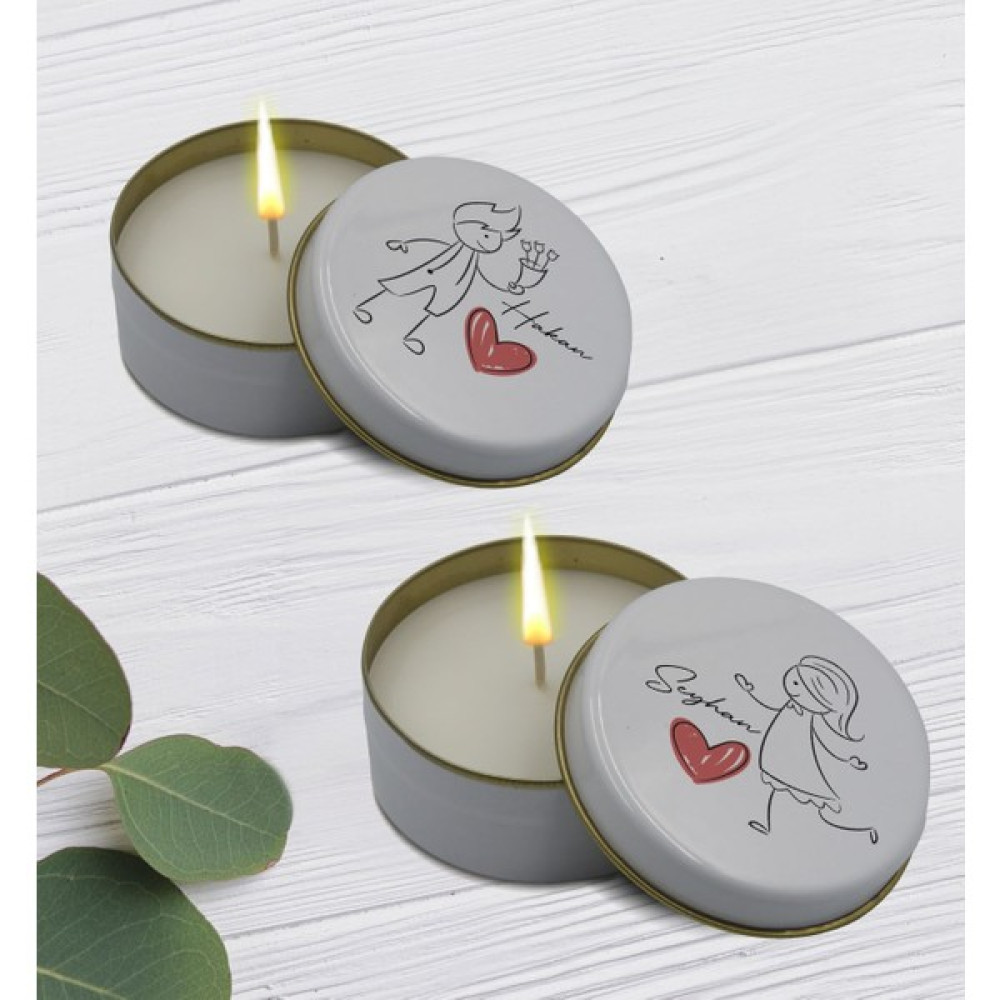 Bk Gift Kişiye Özel Çift Tasarımlı 2’li Beyaz Metal Kutuda Kokulu Mum Hediye Seti - 4, Ev Hediyesi, Sevgiliye, Arkadaşa Hediye, Kokulu Mum Hediyelik Eşya Fiyatı