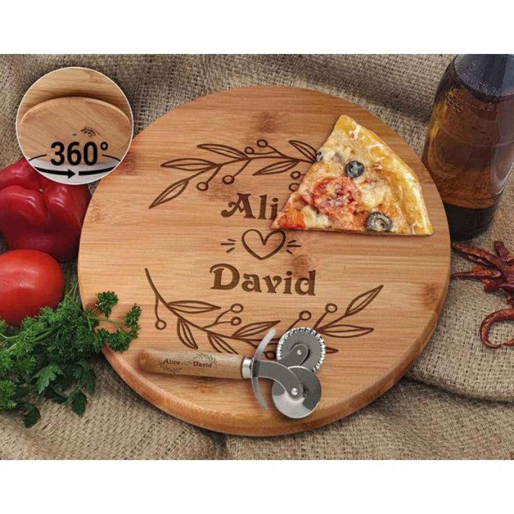 Bk Gift Kişiye Özel Isimli Bambu Ahşap Döner Tablalı Pizza Tahtası-10, Pizza Kesme Tahtası Seti, Şarküteri Tahtası, Servis Tepsisi, Ahşap Tabak, Ev... Servis Tepsisi Fiyatı