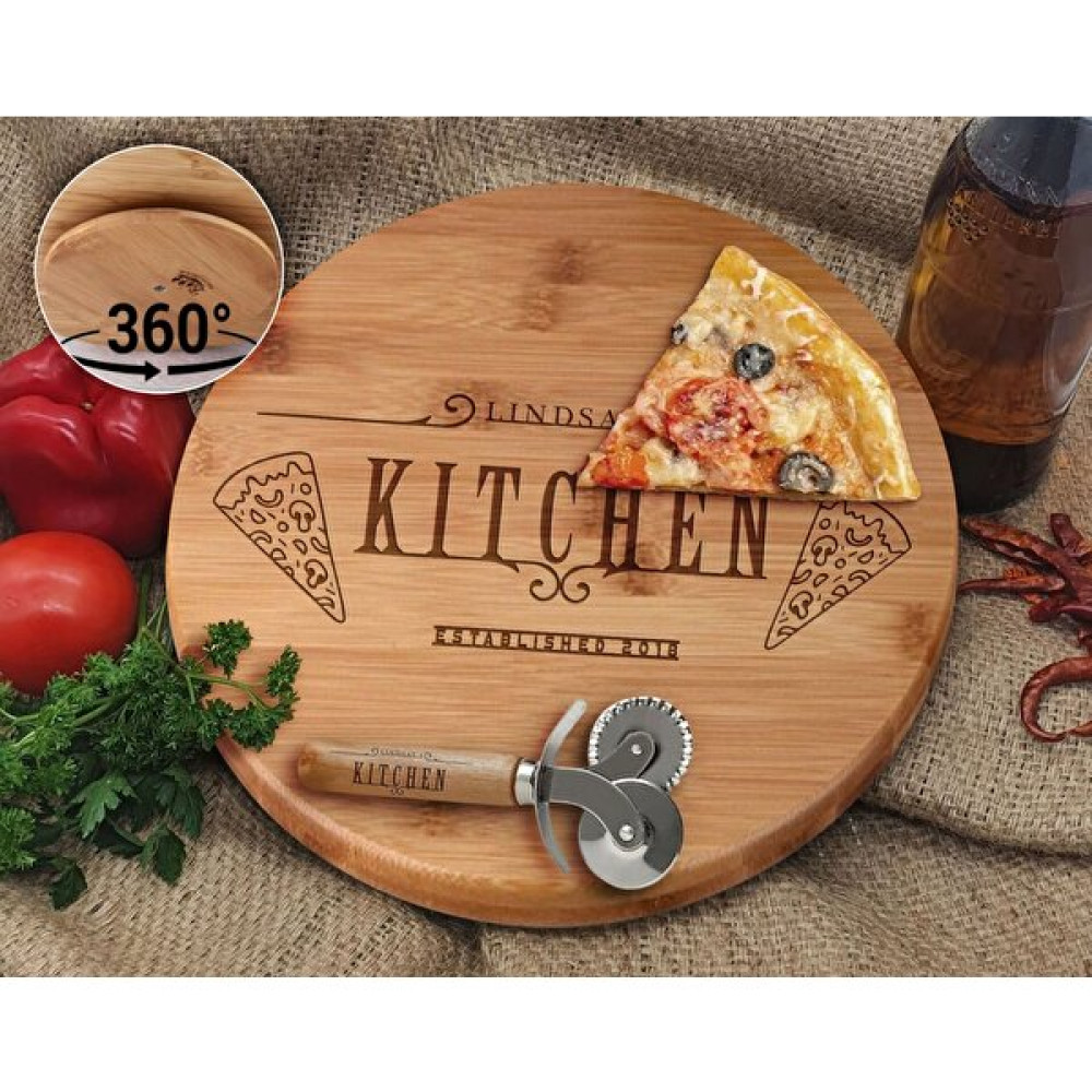 Bk Gift Kişiye Özel Isimli Bambu Ahşap Döner Tablalı Pizza Tahtası-11, Pizza Kesme Tahtası Seti, Şarküteri Tahtası, Servis Tepsisi, Ahşap Tabak, Ev... Servis Tepsisi Fiyatı