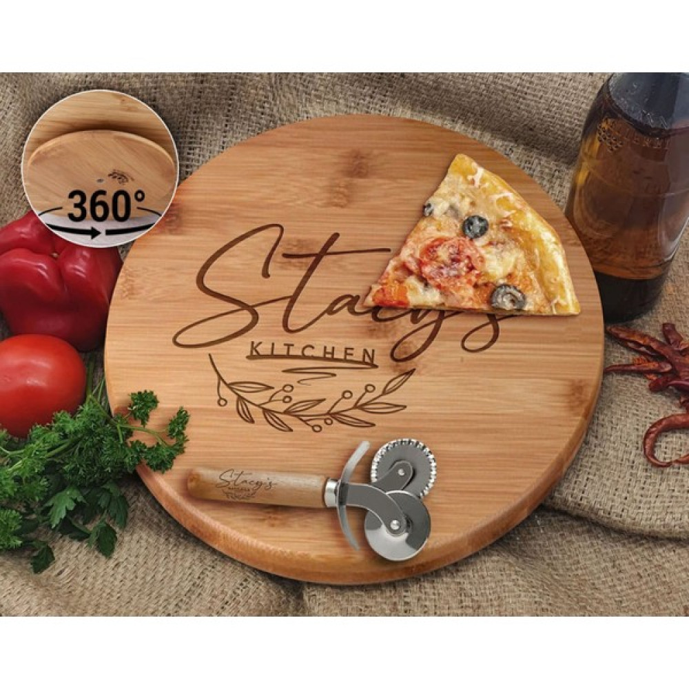 Bk Gift Kişiye Özel Isimli Bambu Ahşap Döner Tablalı Pizza Tahtası-12, Pizza Kesme Tahtası Seti, Şarküteri Tahtası, Servis Tepsisi, Ahşap Tabak, Ev... Servis Tepsisi Fiyatı
