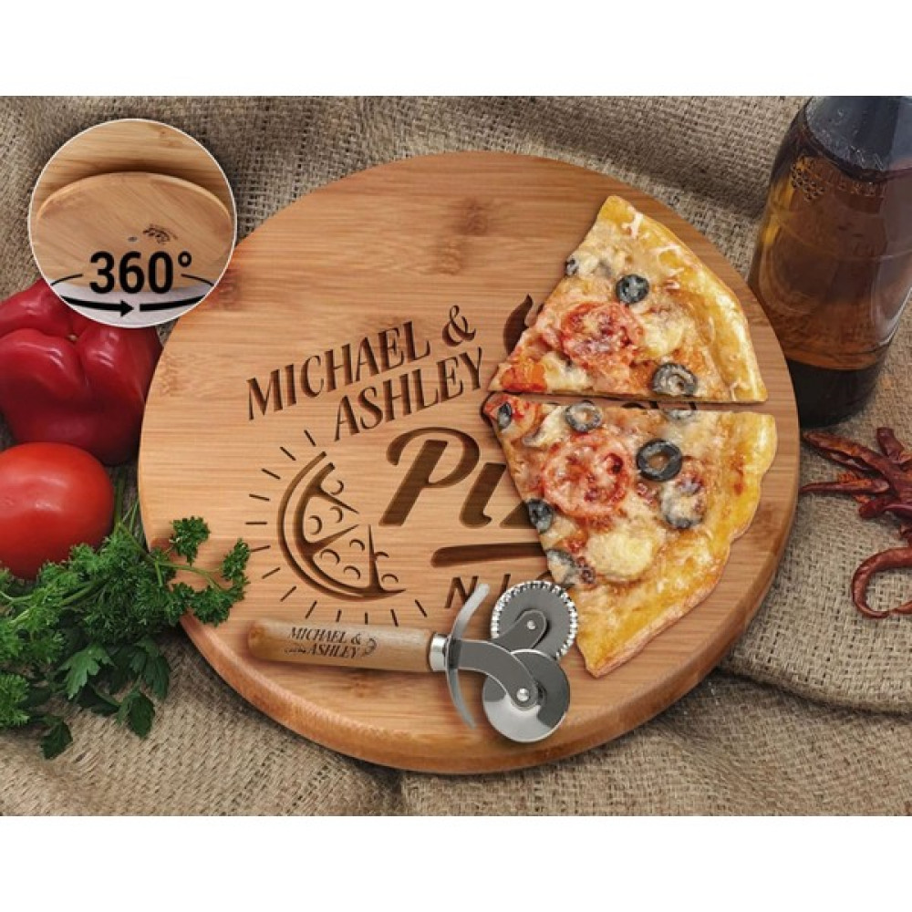 Bk Gift Kişiye Özel Isimli Bambu Ahşap Döner Tablalı Pizza Tahtası-3, Pizza Kesme Tahtası Seti, Şarküteri Tahtası, Servis Tepsisi, Ahşap Tabak, Eve... Servis Tepsisi Fiyatı