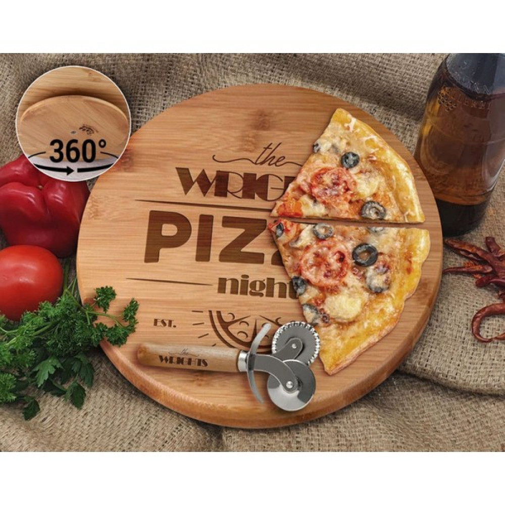 Bk Gift Kişiye Özel Isimli Bambu Ahşap Döner Tablalı Pizza Tahtası-4, Pizza Kesme Tahtası Seti, Şarküteri Tahtası, Servis Tepsisi, Ahşap Tabak, Eve... Servis Tepsisi Fiyatı