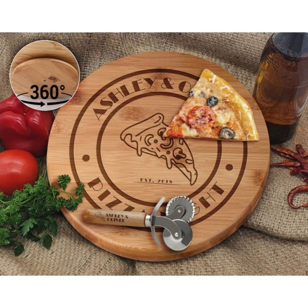 Bk Gift Kişiye Özel Isimli Bambu Ahşap Döner Tablalı Pizza Tahtası-5, Pizza Kesme Tahtası Seti, Şarküteri Tahtası, Servis Tepsisi, Ahşap Tabak, Eve... Servis Tepsisi Fiyatı