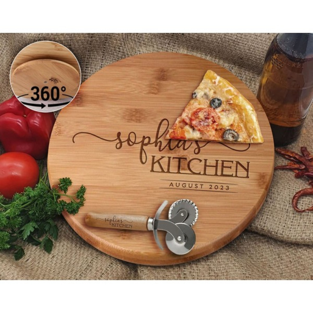 Bk Gift Kişiye Özel Isimli Bambu Ahşap Döner Tablalı Pizza Tahtası-6, Pizza Kesme Tahtası Seti, Şarküteri Tahtası, Servis Tepsisi, Ahşap Tabak, Eve... Servis Tepsisi Fiyatı