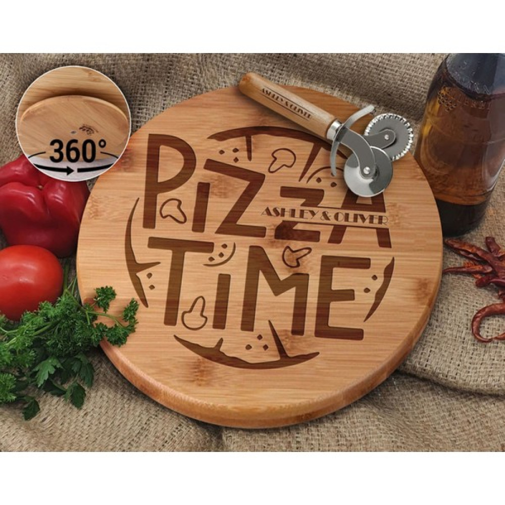 Bk Gift Kişiye Özel Isimli Bambu Ahşap Döner Tablalı Pizza Tahtası-7, Pizza Kesme Tahtası Seti, Şarküteri Tahtası, Servis Tepsisi, Ahşap Tabak, Eve... Servis Tepsisi Fiyatı