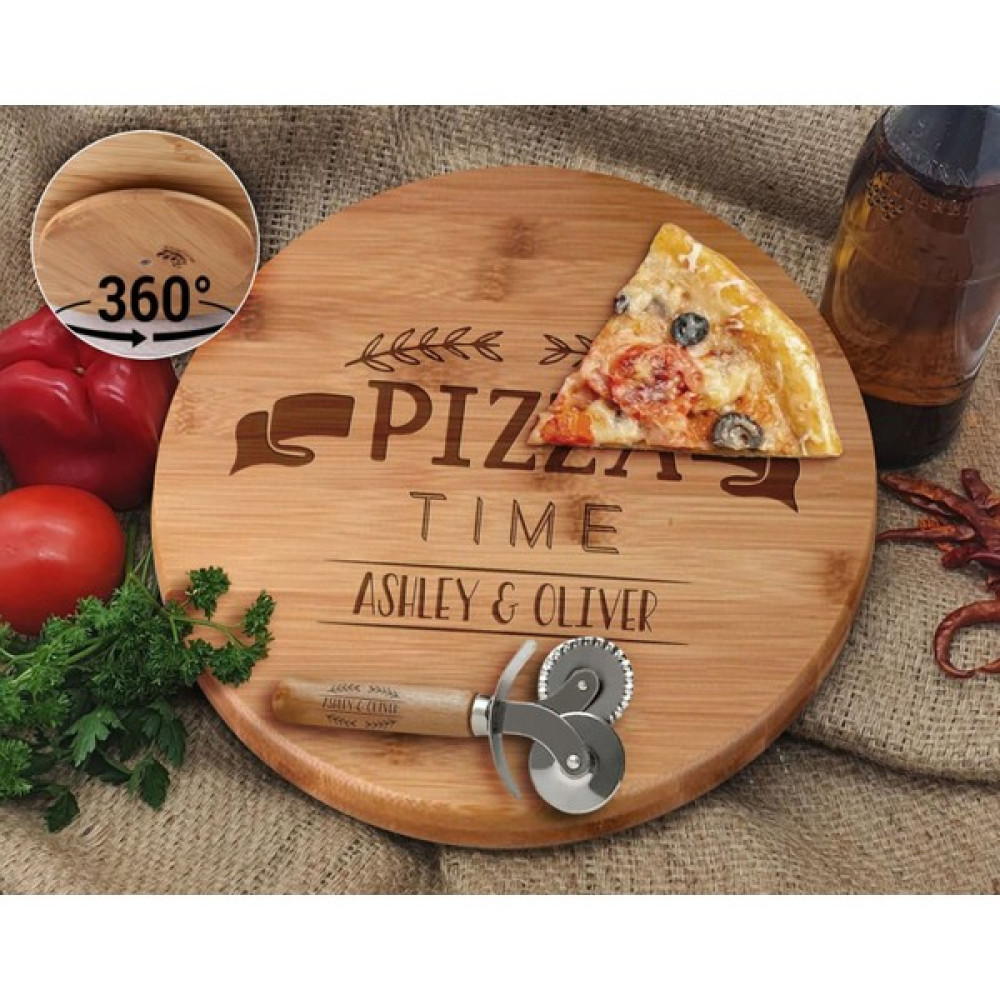 Bk Gift Kişiye Özel Isimli Bambu Ahşap Döner Tablalı Pizza Tahtası-8, Pizza Kesme Tahtası Seti, Şarküteri Tahtası, Servis Tepsisi, Ahşap Tabak, Eve... Servis Tepsisi Fiyatı