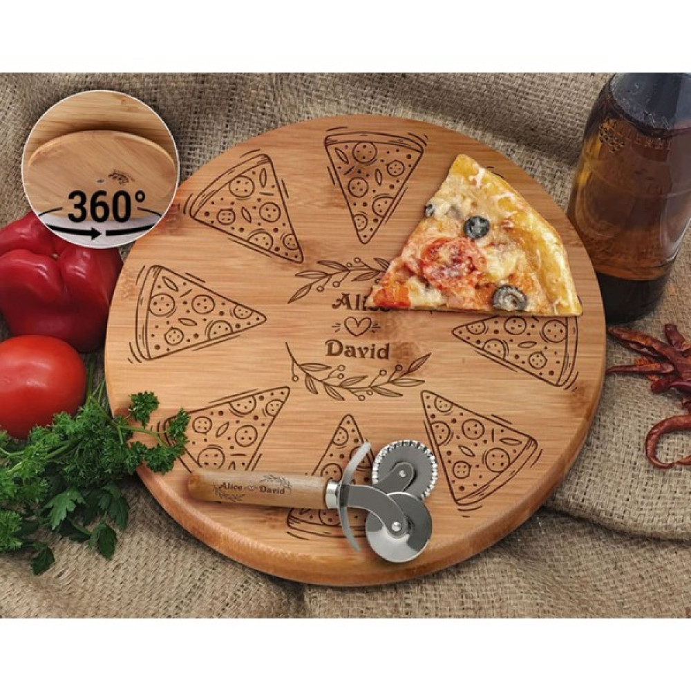 Bk Gift Kişiye Özel Isimli Bambu Ahşap Döner Tablalı Pizza Tahtası-9, Pizza Kesme Tahtası Seti, Şarküteri Tahtası, Servis Tepsisi, Ahşap Tabak, Eve... Servis Tepsisi Fiyatı