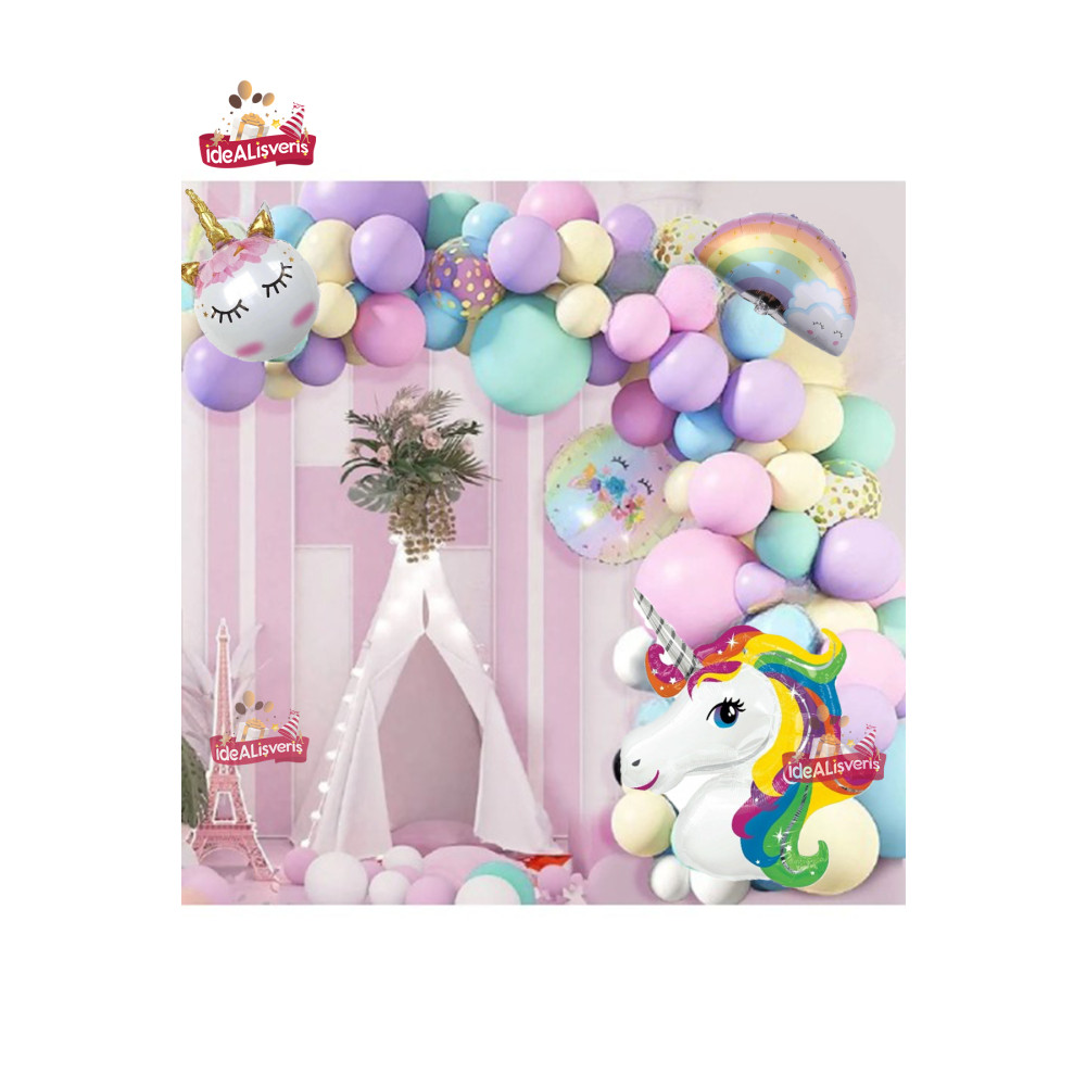 Bkmc Gökkuşağı Konsepti Unicorn Temalı Makaron Balon Doğum Günü Parti Kutlama Seti Yaş Günü & Parti Fiyatı