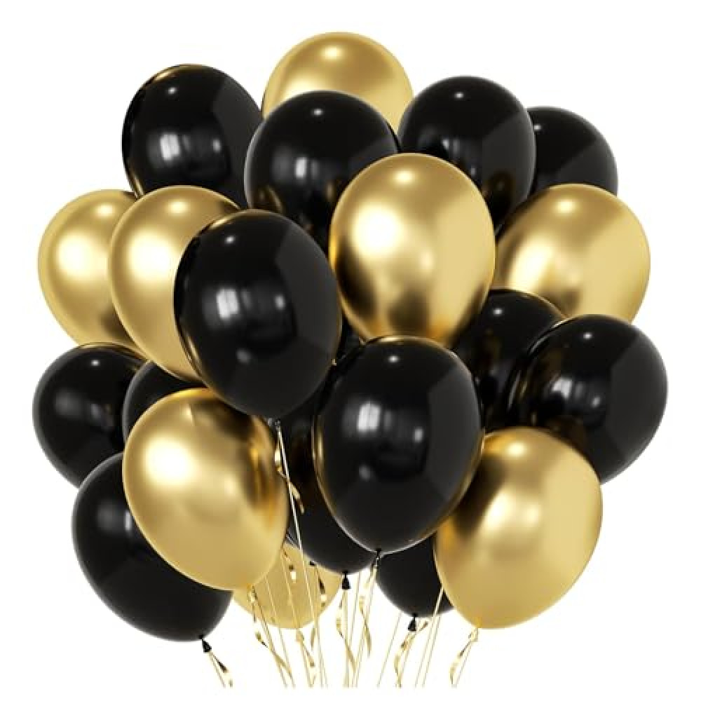 Black and Gold Party Balloons, Black Gold Latex Balloons 50pcs 12 Inch Metallic Gold and Black Balloon for Graduation Birthday Weddings New Year Anniversary Retirement Party Decorations
