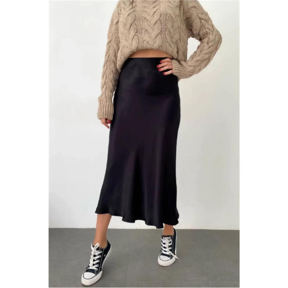 BLACK CHARM Siyah Midi Boy Saten Etek XXS Beden Etek Fiyatı