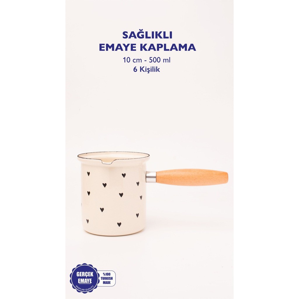 Black Cupid Emaye Ahşap Saplı Cezve (500ML-6 Kişilik) - Bej Cezve Takımları Fiyatı