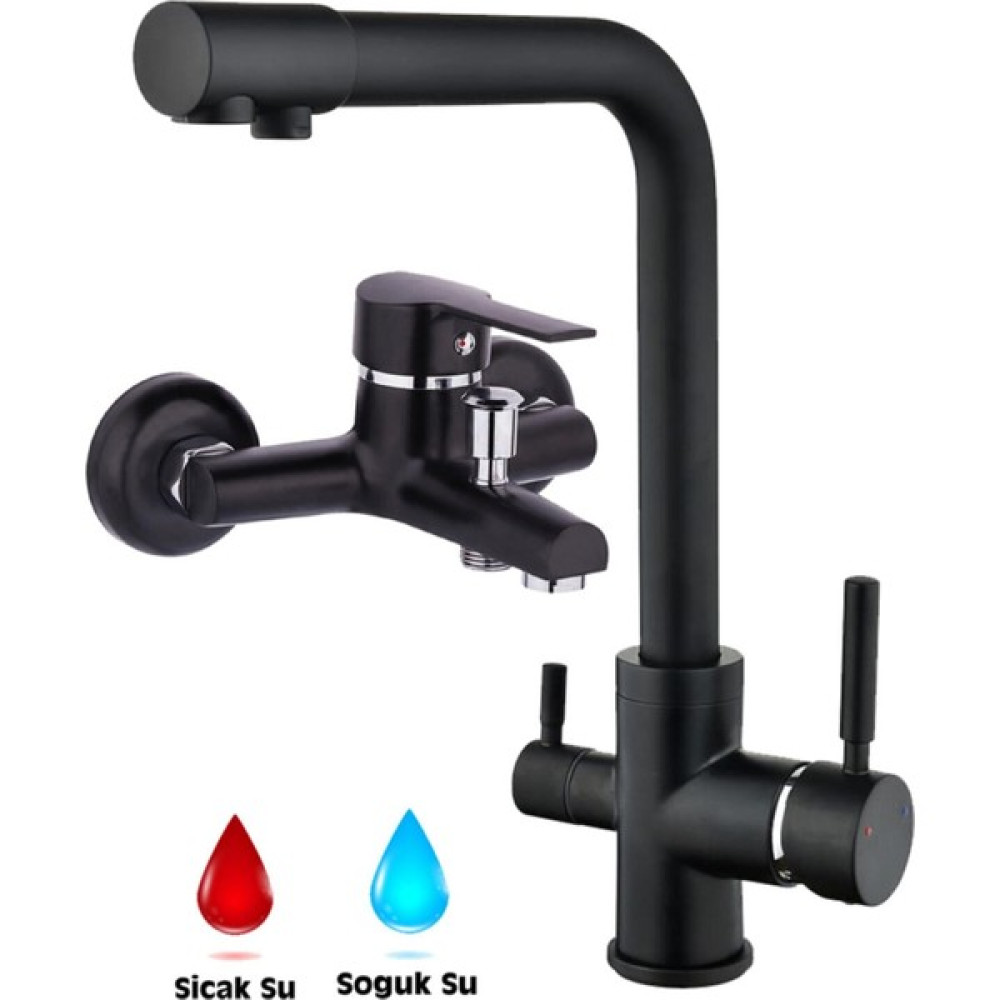 Black Fit Blackfit Çift Su Girişli 3 Yollu Pirinç Siyah Lüks Arıtmalı Mutfak Bataryası ve Banyo Bataryası Su Tasarruf Bataryalar Fiyatı