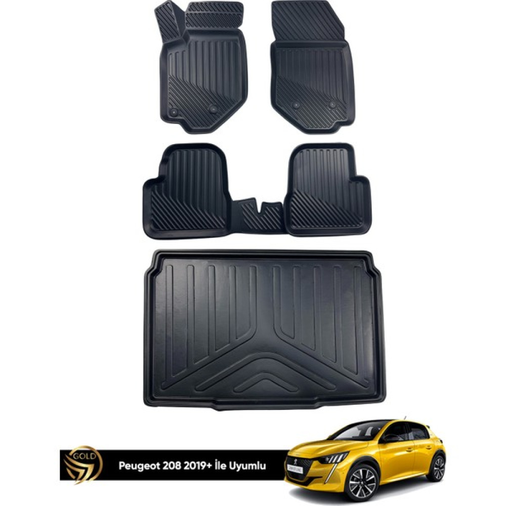 Black Gold Peugeot 208 3D Havuzlu Paspas 2019-2023 + Bagaj Havuzu Ikili Set - Siyah Bagaj Havuzu Fiyatı