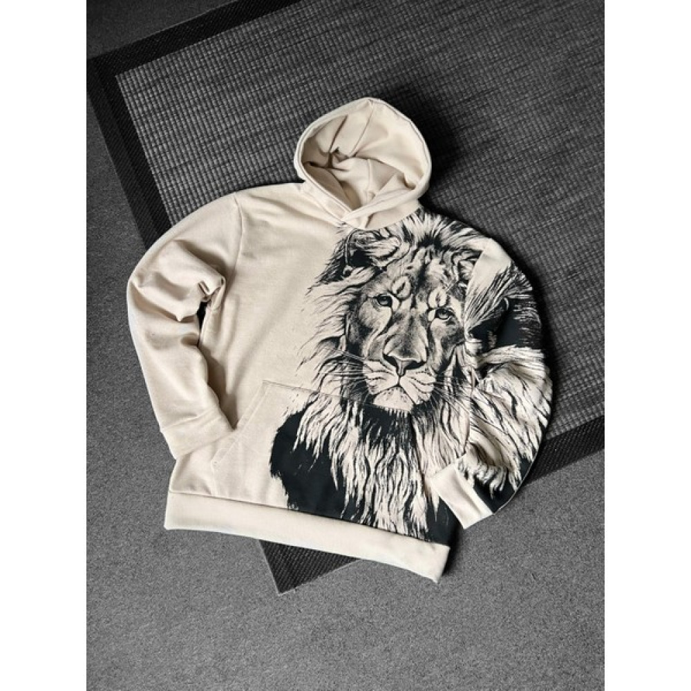 Black Sokak Bej Aslan Baskılı Oversize Kapuşonlu Erkek Sweatshirt Erkek Sweatshirt Fiyatı