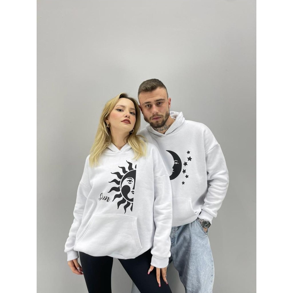 Black Sokak Beyaz Sun Moon Baskılı Kapşonlu Sevgili Çift Kombini İkili Set Erkek Sweatshirt Fiyatı