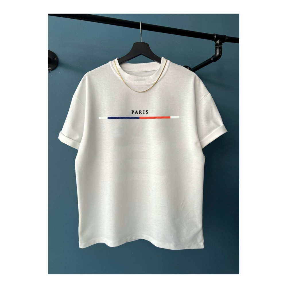 Black Sokak Erkek Beyaz Göğüs Ince Çizgili Paris Baskılı Oversize Bisiklet Yaka Tişört M Beden Bayan T-shirt Fiyatı