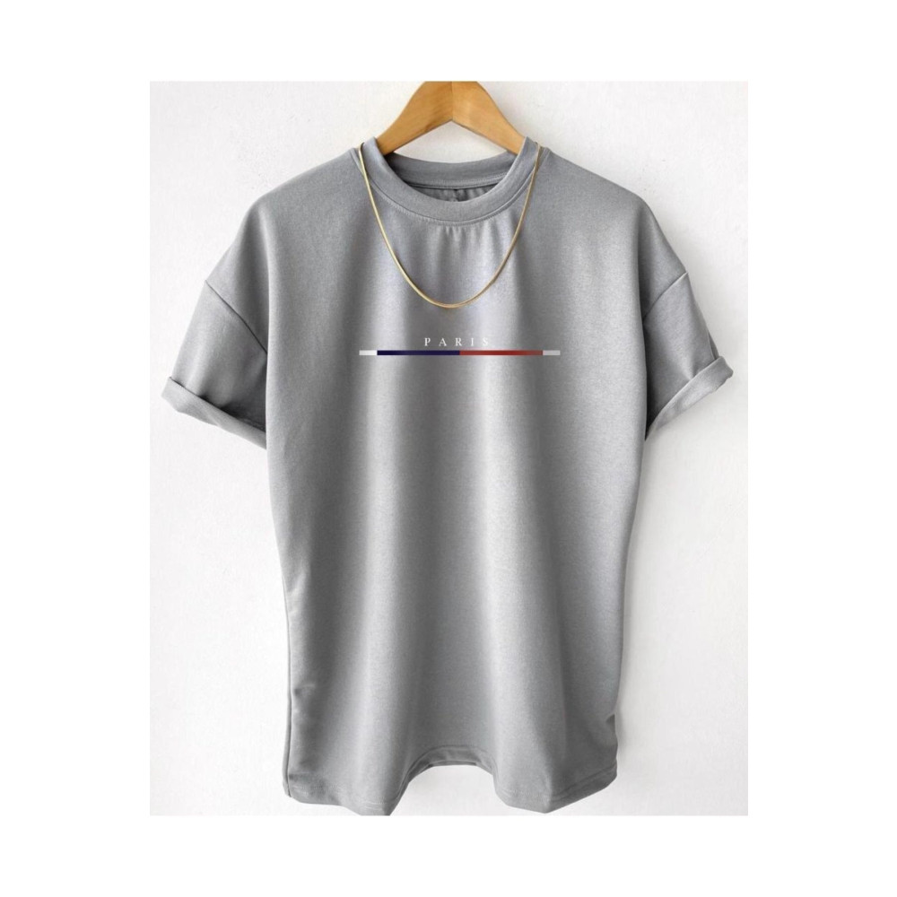 Black Sokak Erkek Gri Göğüs Ince Çizgili Paris Baskılı Oversize Bisiklet Yaka Tişört XL Beden Bayan T-shirt Fiyatı