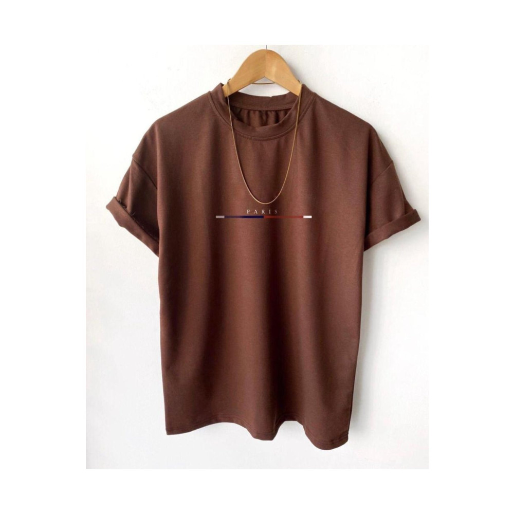 Black Sokak Erkek Kahverengi Göğüs Ince Çizgili Paris Baskılı Oversize Bisiklet Yaka Tişört S Beden Bayan T-shirt Fiyatı