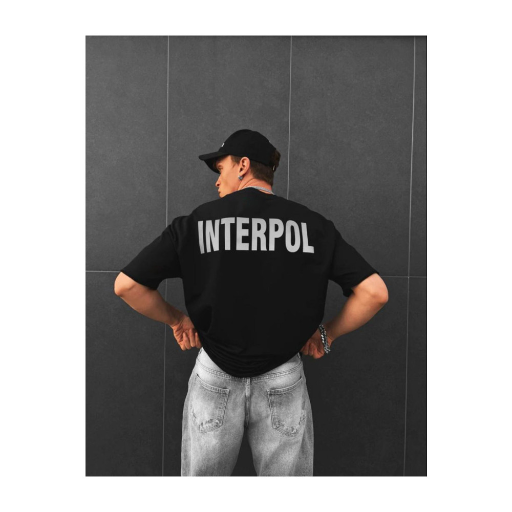 Black Sokak Erkek Siyah Interpol Baskılı Oversize Pamuklu Bisiklet Yaka T-shirt M Beden Bayan T-shirt Fiyatı