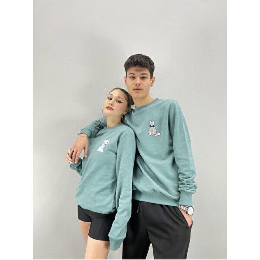Black Sokak Nefti Yeşil Kedicik Baskılı Bisiklet Yaka Sevgili Çift Kombini İkili Set Erkek Sweatshirt Fiyatı